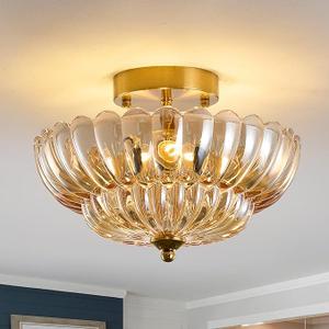 12‘’Semi Flush Mount Ceiling Light-3-Light Vintage Crystal Glass with Gold Metal Frame, Modern Close to Ceiling Lighting for Bedroom, Bathroom, Laundry Room, Entryway, Hallway