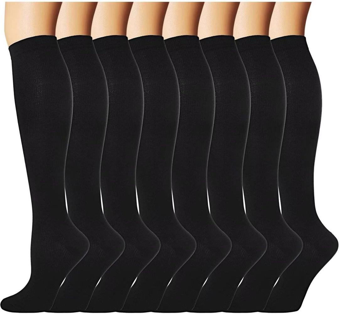 Double Couple 8 Pairs Compression Socks Men Women Knee High Compression Stockings for Sports Support Socks (Small-Medium, Black)