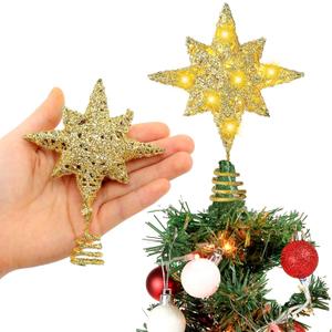 Gejoy Mini Christmas Star of Bethlehem Tree Topper with Lights Glitter Gold Christmas Star Xmas Small Tree Topper Holiday Ornament Party Office Decorations