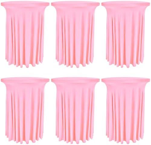 6 Pack Round Cocktail Tablecloth 32"x 43" Spandex Cocktail Table Skirt, Washable Stretch Fitted Table Covers for High Top Bar, Wedding, Party, Events (Pink)