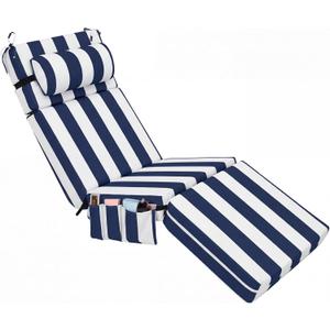 RattanView 1 Pcs Outdoor Chaise Lounge Cushion with Pillow and Side Pockets Waterproof Lounge Chair Cushion for Outdoor Furniture Patio Lounger Pad for Outside Pool Lawn (Navy Blue White,72 x 21 x 4)