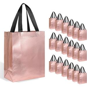 18-Pack Rose Gold Reusable Gift Bags with Handles, Bulk Goodie Bags for Valentines Day, Baby Shower, Birthday, Party Favors, Wedding, Holiday Goodie | 8x4x10 Inches | 18 Premium Rose Gold Bag | Eco-Friendly