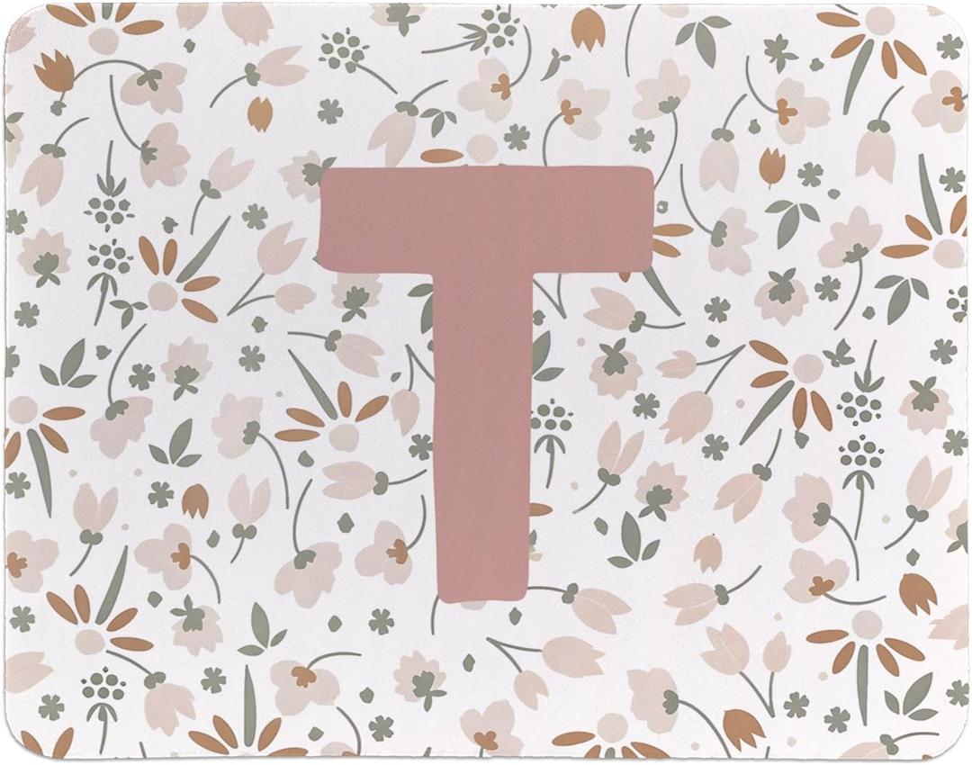 Rusenbao Custom Floral Mouse Pad, Cute Small Pink Flower Personalized Mouse Pad for Women, Customizable Initial Non-Slip Rubber Base MousePads for Desk Wireless Mouse, Laptop, 9.5x7.9 Inch(Letter T)