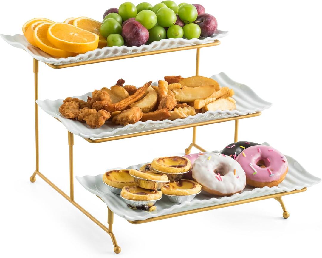 LAUCHUH 3 Tier Trays Stand, Porcelain Serving Trays Collapsible Sturdier Stand Serving Platters Dessert Table Display Set for Party, Entertaining, Thanksgiving, Christmas, Gold, 12.2 Inch