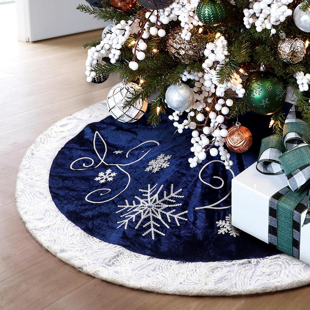 XAMSHOR Blue Christmas Tree Skirt 32 Inches Snow Sequin Embroidery with White Trim Border Decor for Xmas Holiday Party Ornaments