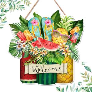Summer Door Sign Watermelon Welcome Sign Mason Jar Pineapple Popsicle Door Hanger for Front sandals tropical leaves Wreaths Wood Wall Hanging Decor for Farmhouse Porch Pediments