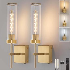 Wall Sconces,Gold Battery Operated Wall Sconce Dimmable Touch 3000K/6000K 2 Color Bulbs 8000mAh Fast Chargin Endurance 100 Hours with Remote Control Wireless Wall Lights for Bedroom Living Room (Gold&Metal Edge)