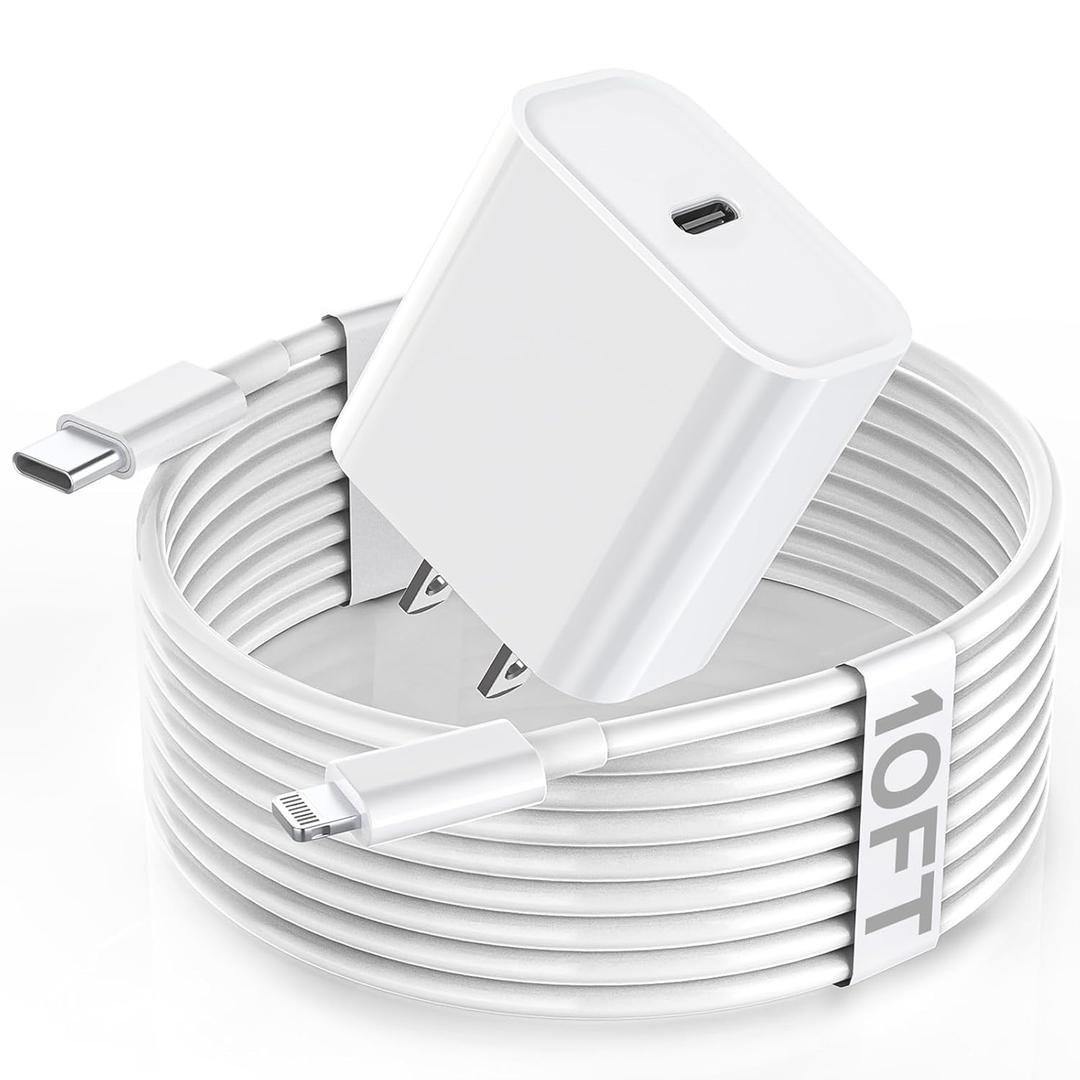 Apple Fast Charger, 10FT Extra Long Fast iPhone Charger Travel Plug Adapter 20W Super Quick Apple Charging USB C Wall Charger Block with 10Foot Lightning Cable Cord for iPhone 14/13/12/11/X/XR/SE/iPad (White)