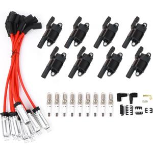 8PCS UF414 Round Ignition Coils Pack & Iridium Spark Plugs & Spark Plug Wires Set Compatible with Chevrolet Corvette Avalanche Silverado 1500 2500 3500 GMC Savana 1500 2500 Cadillac Escalade