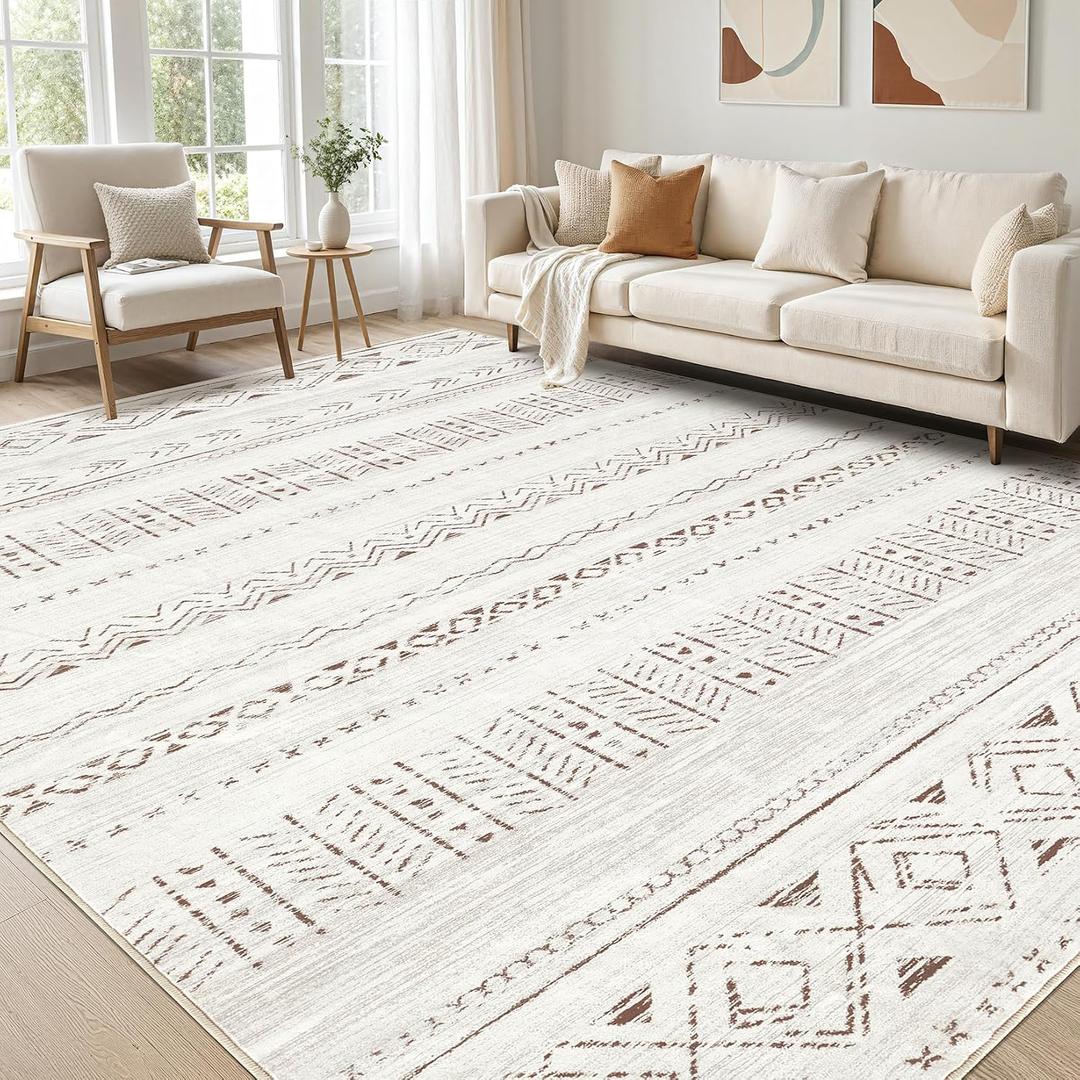 cotiled 7x9 Area Rug Living Room: Washable Boho Rugs with Non Slip Backing Large Soft Indoor Stain Resistant Carpet for Bedroom Farmhouse Dining Room Lightweight Home Decor L Brown/Cream