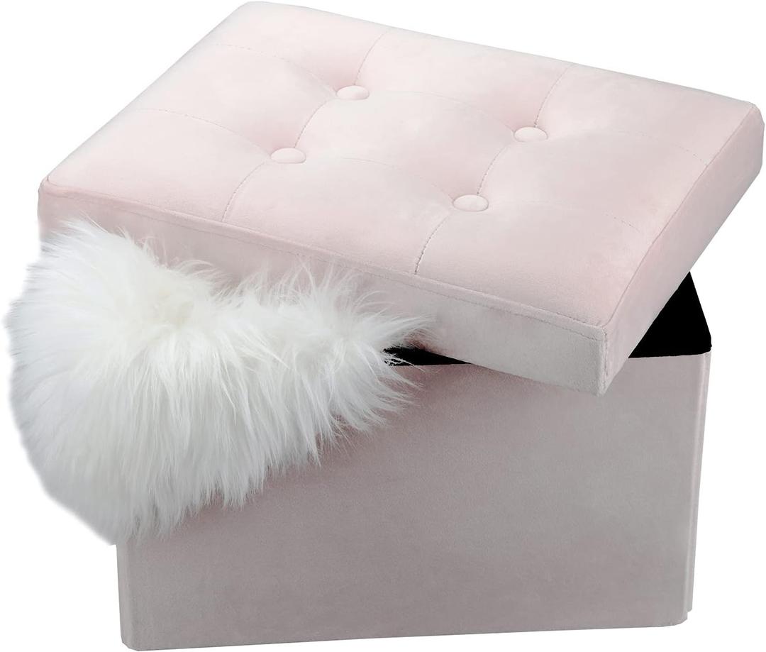 LINMAGCO Small Velvet Ottoman with Storage Rectangle Foot Rest Under Desk Stool for Room Folding Ottoman Furniture with Button turfted-Lightpink 16X12X12IN