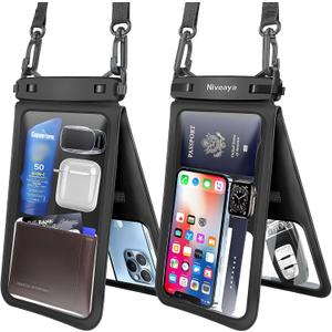 Niveaya [Up to 10.5"]Waterproof Phone Pouch - 2 Pack, Waterproof Phone Lanyard Case with iPhone 17/16/15/14/13 Pro Max up to 9.5", Phone Dry Bags for Vacation Beach Pool Kayak Cruise Travel Essentials (Black+ Black)
