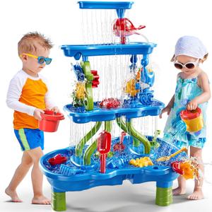 4-Tier Sand and Water Table, 39 Piece Kids Water Table Activity Sensory Outside Toys for Toddlers 3-5, Beach Backyard Outdoor Play Table Gift for Boys Girls, Summer Toys for Kids Ages 4-8