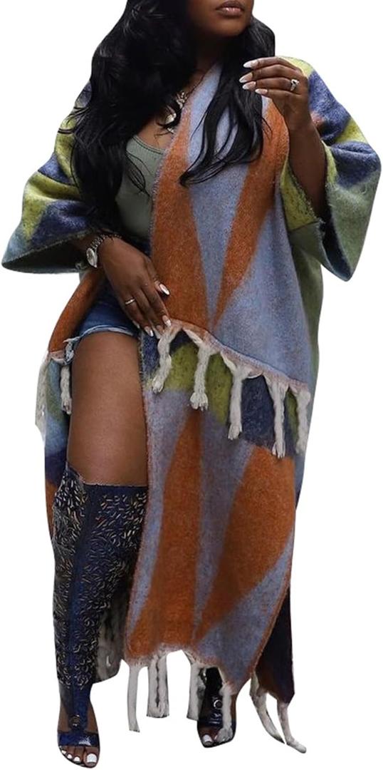 NRTHYE Women's Tassel Sweater Cardigan Open Front Fringe Colorful Long Cardigan Poncho Wrap Sweater (X-Large, 02brown)