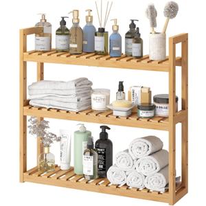 FILWH Bamboo Organizer Rack - Adjustable 3-Tier Storage Shelf, Wall Mounted or Over The Toilet, Living Room, Kitchen (Natural)