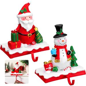 2 Pcs Christmas Stocking Holders for Mantle Resin Santa Snowman Mantle Stocking Hangers Set Weighted Non-Slip Fireplace Holders Xmas Hanging Hooks for Christmas Party Decoration