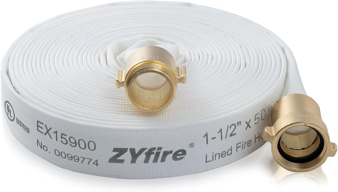 ZYfire Fire Hose - 1-1/2" ID x 50 FT Single Jacket TPU Fire Hose Industrial Hose Firefighter Hose with M F NST/NH Brass Couplings Lightweight Lay Flat Water Hose for Use in Firefighting, Residential