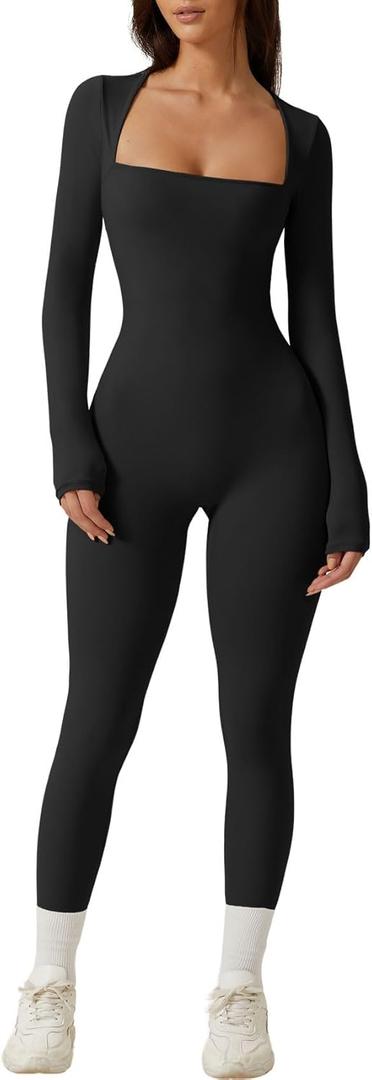 QINSEN Womens Sexy Square Neck Long Sleeve Full Length Leggings Bodycon Stretch Jumpsuit (Large, Black)