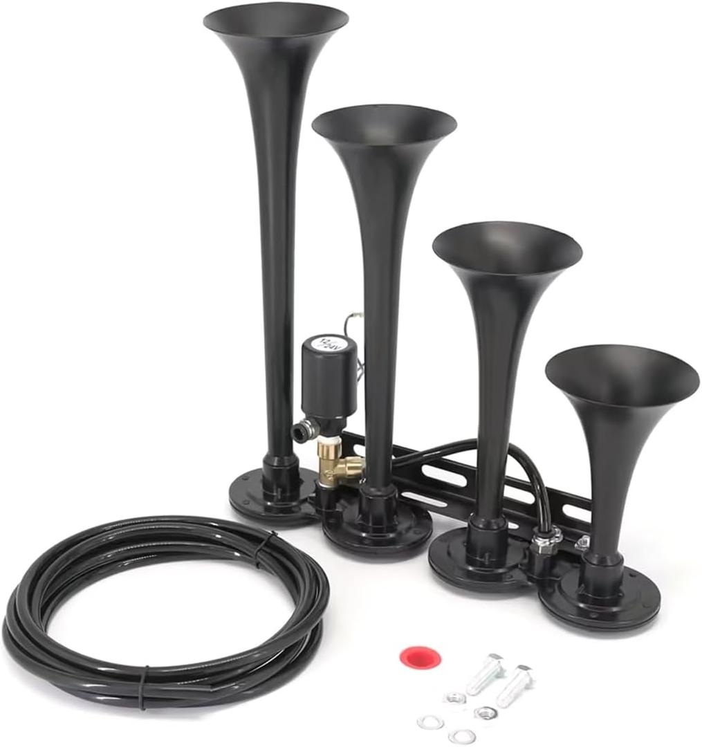 Truck Air Horn 12V/24V 185dB Super Loud Four Trumpet Air Horns Train Horn for Trucks with Electric Solenoid Universal for Truck Car Pickup SUV Train Boat