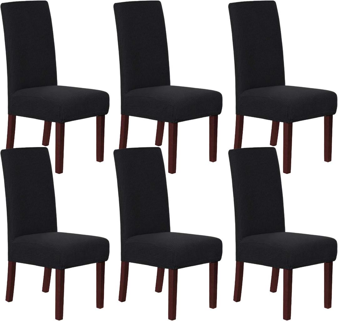 H.VERSAILTEX Stretch Dining Chair Covers Set of 6 Chair Covers for Dining Room Parsons Chair Slipcover Chair Protectors Covers Dining, Feature Textured Checked Jacquard Fabric, Black