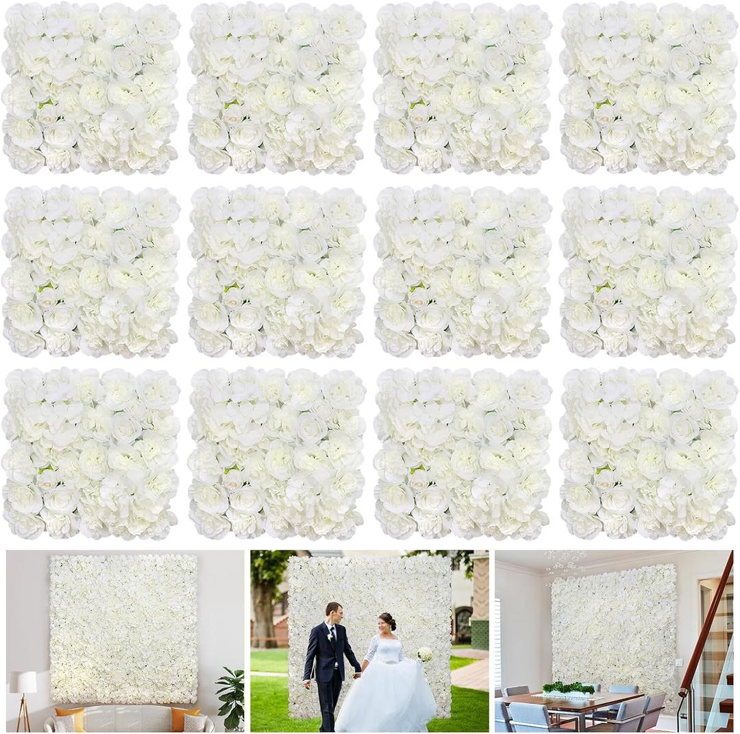 Flower Wall Backdrop 12PCS 16.5x16.5 Inch Floral Wall Panel White Artificial Silk Rose Wall Decor Ideal for Wedding Celebrations, Festive Party Backdrops and Home Decor