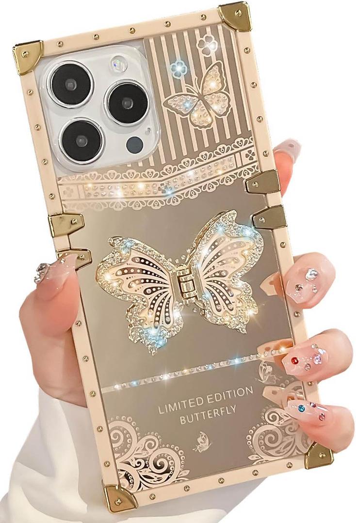 Cute Compatible with iPhone 14 Pro Max Case with Luxury Bling Glitter Butterfly Foldable Stand Kickstand,Glitter Soft PC Mirror Bumper Protective Cover for Women & Girls(Light Gold)
