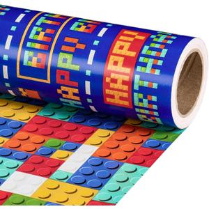 RUSPEPA 30" X 32.8' Reversible Boys Birthday Wrapping Paper Large Paper Roll, Jumbo Roll, Colorful Pixel Art and Building Block Design, Funny Gift Wrap for Birthday, Gaming Theme Party
