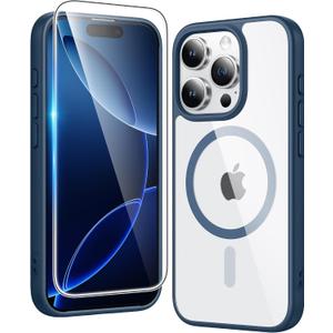 FNTCASE for iPhone 16 Pro-Max Case: Clear Magnetic Phone Cases with Screen Protector Compatible with Magsafe Slim Anti Yellowing Rugged Shockproof Protective Transparent Cell Phone Cover (B-Blue)