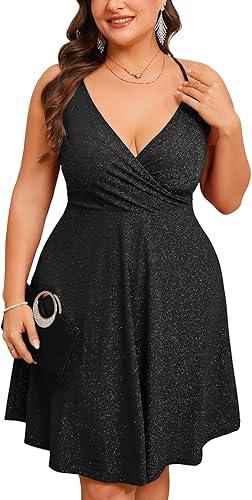 ZOMVA Plus Size 0X-4X Sparkly Glitter Sleeveless Aline Mini Dress Sparkle Wrap Spaghetti Strap Sexy Dress Cocktail Party Club XL