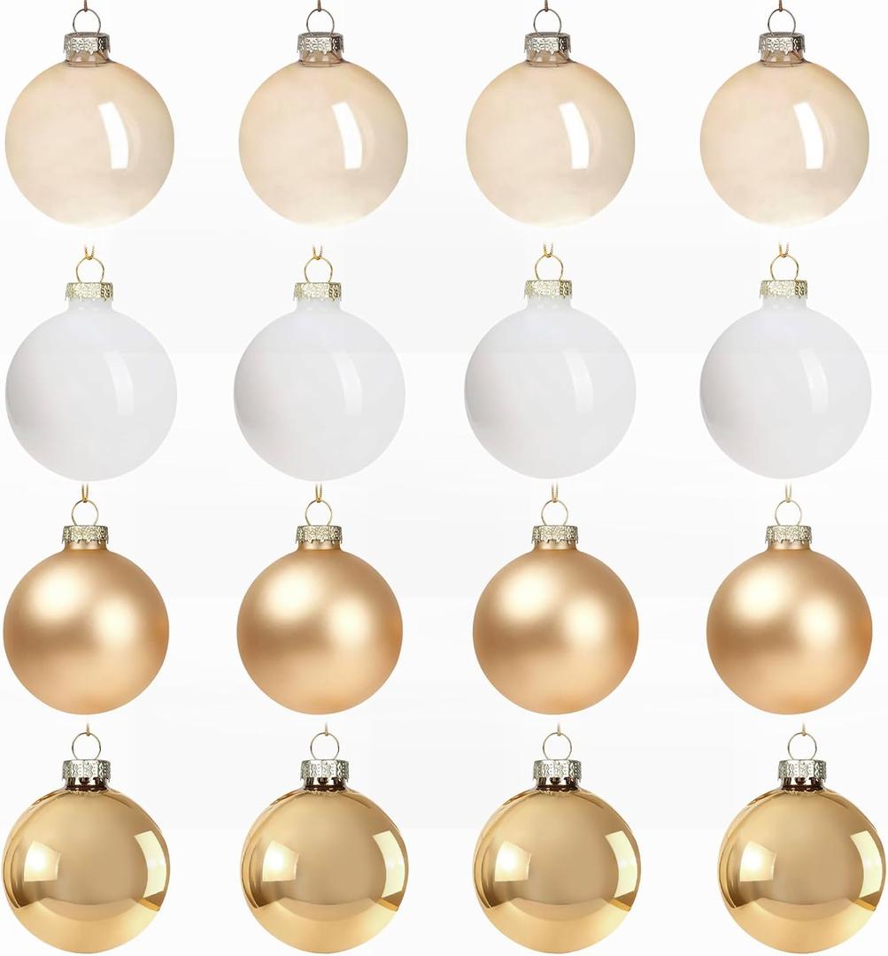 16 Pcs Champagne Glass Christmas Ball Ornaments Set Matte Shiny Clear Glass Baubles Bulks Vintage Xmas Bulbs for Holiday Christmas Tree Home Wedding Birthday Party Decorations Gifts, 2.36inch