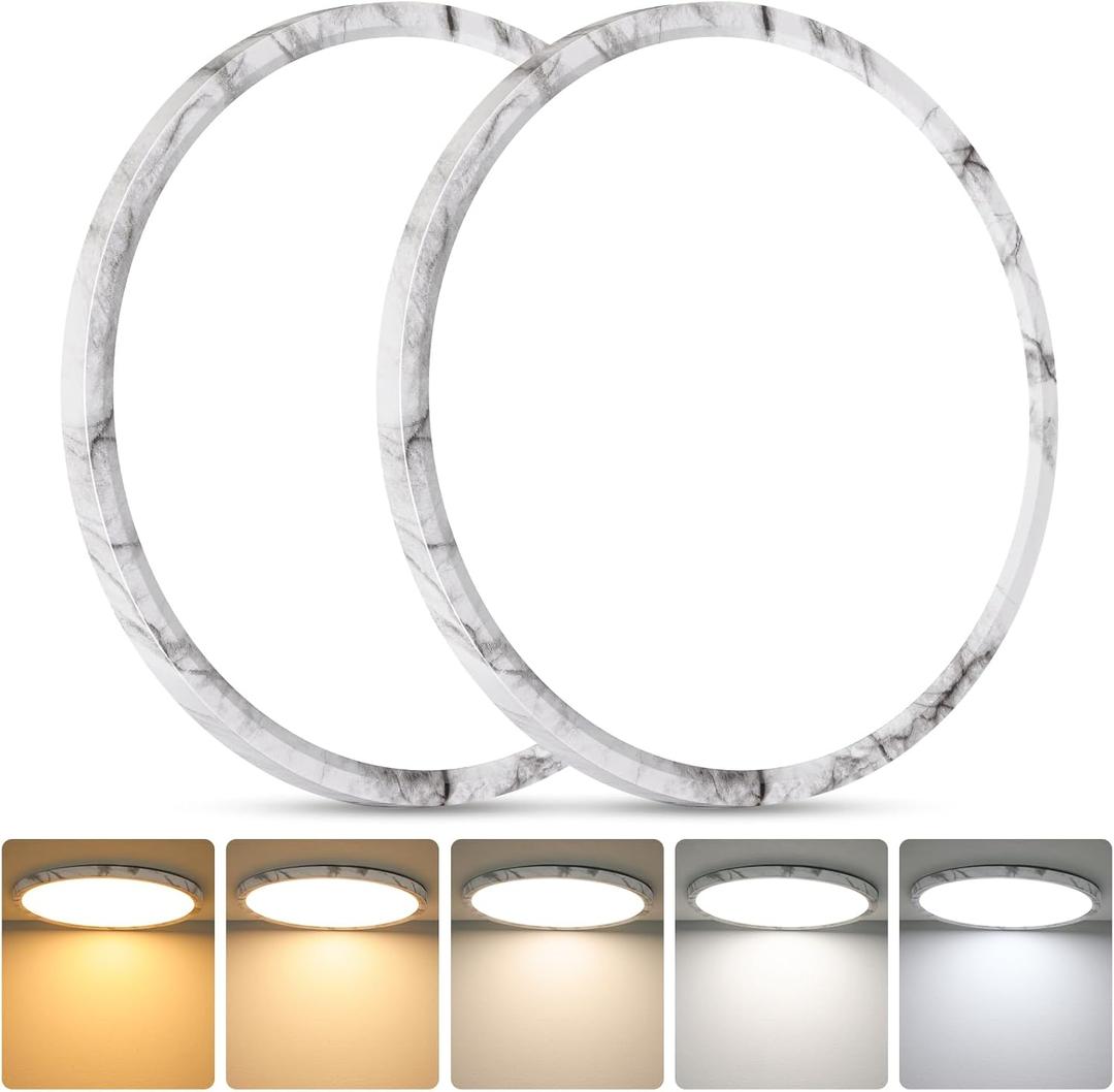 Brightever 12 Inch LED Flush Mount Ceiling Light Fixture, 24W 3200LM Super Slim 0.67 Inch, Dimmable & 2700K-6500K 5 Color Adjustable LED Ceiling Lights for Kitchen, Living Room, 2 Packs Marble