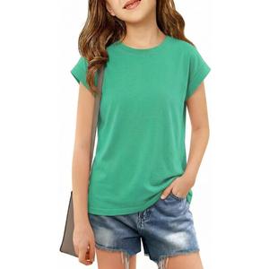 3 x Girls Cap Sleeve T Shirts Kids Summer Crewneck Solid Tops Tees 5-14 Years (Green)