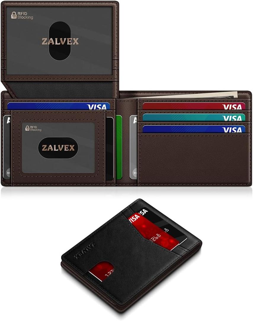 Wallet for Men Slim RFID Blocking Leather Credit Card Holder Wallet for 14 Cards, Bifold Minimalist Thin Wallet with 2 ID Windows & Cash Slot, Front Pockt Carteras Para Hombres, Birthday Gifts for Men (Black + Coffee)