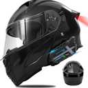 Bluetooth Modular Motorcycle Helmets with Tail Lights, DOT Approved Flip Up Full Face Motorcycle Dual Visor Helmet, with Dual Speakers and Microphone, for Adults Men and Women (Glossy Black, L)