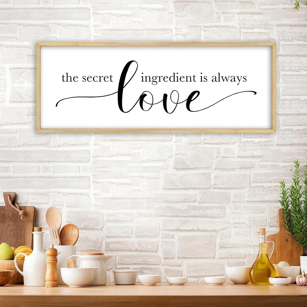 YWJKWLGS Funny Kitchen Wall Decor Art The Secret Ingredient is Always Love Sign 32x12 Inch, Inspirational Quote, Large Rustic Farmhouse Wooden Plaque for Dining Room Coffee Bar Wall Hanging (Wood)
