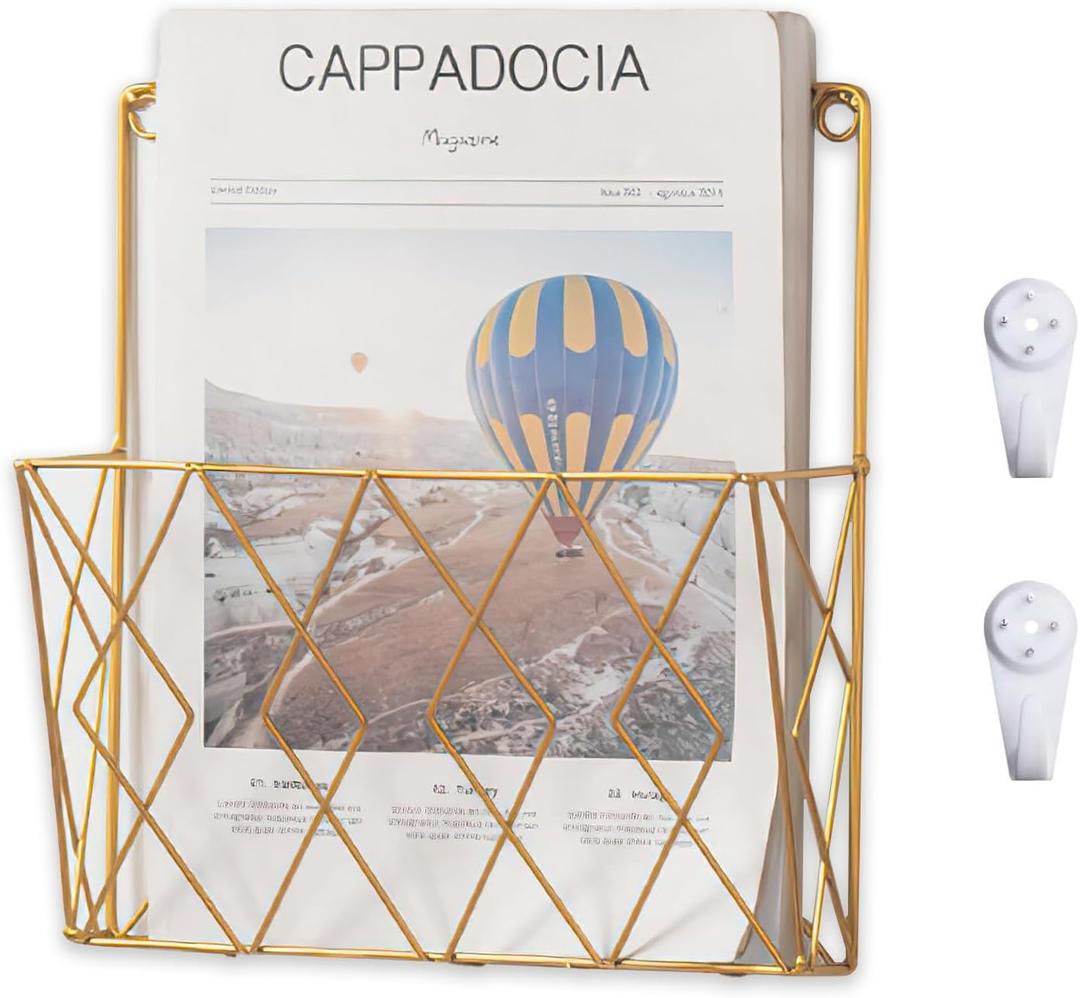 Wall-Mounted File Organizer, Metal Wall File Holder, Magazine Rack, Space-Saving Design, Ideal for Home Office, Workspace, and Study Room Organization (Gold)