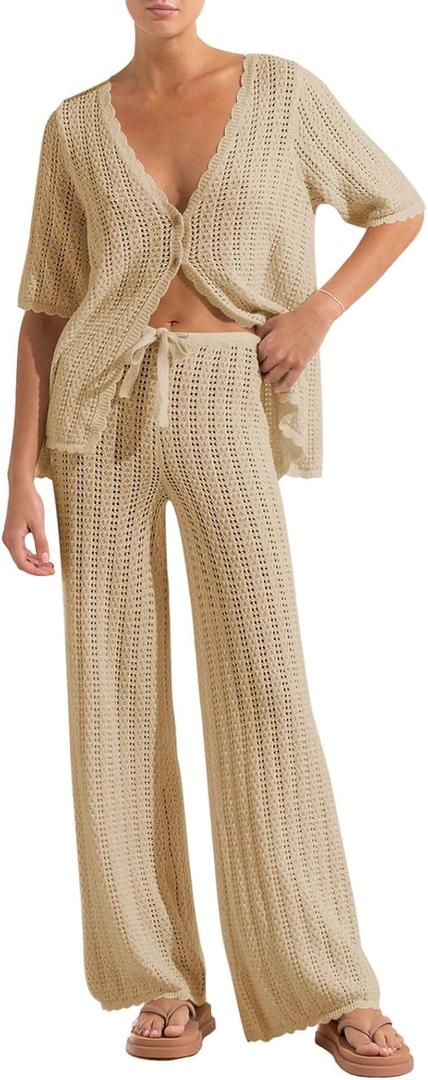Imily Bela Women's Summer 2 Piece Swimsuit Cover up Crochet Knit Cardigan Tops Long Pants Set Bathing Suit Beach Outfit, Medium, Light Khaki