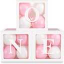 Baby Girl First Birthday Party Decorations 'ONE' Letters Individual Three White Transparent Square Boxes with 24 Balloons Decor for 1 Year Old Baby Birthday Party Decor Backdrop Favors
