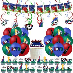 Soccer Birthday Party Supplies Kit, Soccer Theme Banner, Balloons, Swirls, Cake Toppers for Boy Decorations