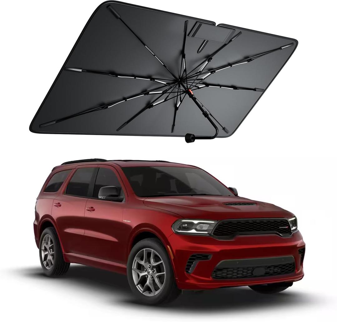 Windshield Sun Shade for Dodge Durango 20002026, Foldable Umbrella Sunshade with 100% UV Block, Multi-Layer Heat Insulation, Reinforced 10-Rib Frame, Keeps Car Cooler, Summer Car Accessory