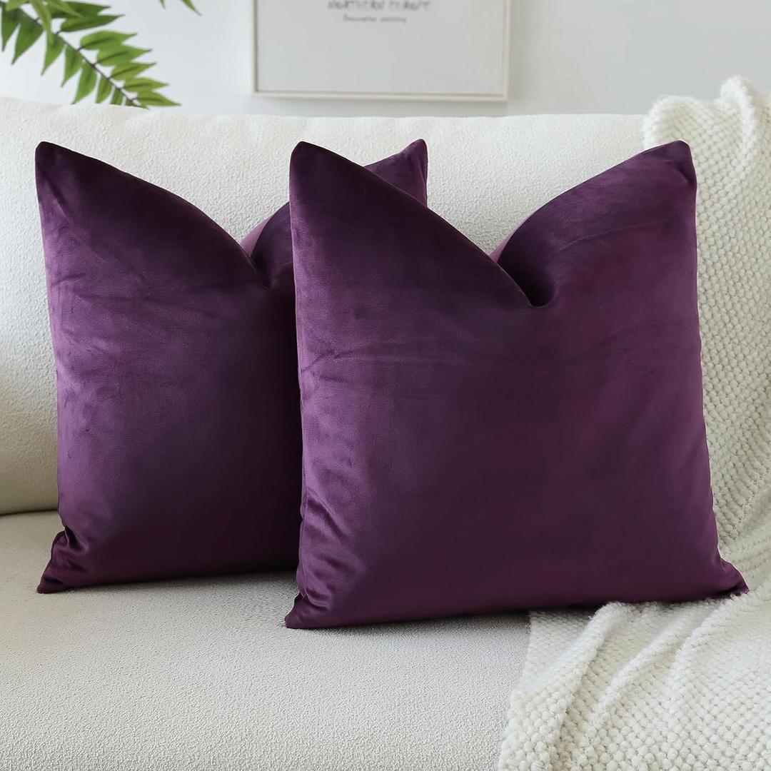 OTOSTAR Pack of 2 Velvet Soft Decorative Throw Pillow Covers Solid Square Cushion Case Home Decor Pillow Covers for Couch Sofa Bedroom Living Room Decorative Pillowcases 20 x 20 Inch (Eggplant Purple)