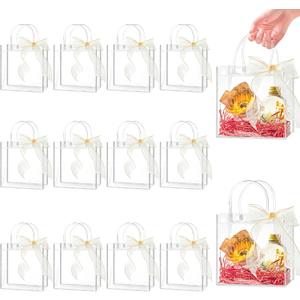 Ohuimrt 50 PCS Clear Plastic Gift Bags with Handles, 6.89 x 6.89 x 3.54 Inches Reusable Party Favor Bags with Ribbon Transparent Gift Wrap Bags Bulk for Weddings Birthdays