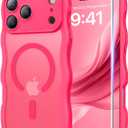 DOMAVER for iPhone 17 Pro Case for Women, 1X Screen Protector+1X Wrist Strap, [Compatible with MagSafe] [Full Camera Protection] Cute Wave Frame Matte Phone Case for iPhone 17 Pro 6.3", Hot Pink