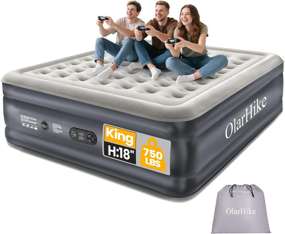 OlarHike King Size Air Mattress with Built-in Pump, 18" Extra-Wide Raised Inflatable Air Bed for Home and Guests, Heavy-Duty Support for 2-4 Sleepers Up to 750 lbs
