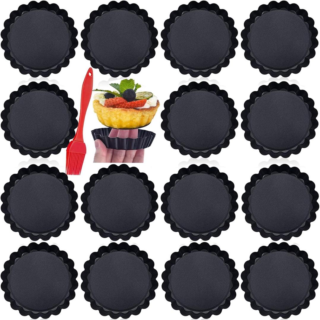 DATANYA 16 Pack Mini Tart Pans 4 Inch with Removable Bottom Round Nonstick Quiche Pan, Heavy Duty Fluted Side Tart Molds for Pies, Mousse Cakes, Dessert Baking