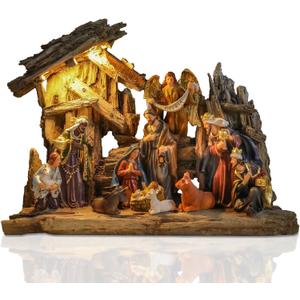 Bshine Nativity Scene Christmas Decoration with LED Lights, Wooden Stable Decor 13.6x11.4 Christmas Indoor Nativity Sets & Figures Holy Family Angel Holiday Home Tabletop Display