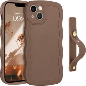 GUAGUA for iPhone 13 Case with Wrist Strap, iPhone 13 Wavy Phone Case Cute Curly Wave Shape Design with Adjustable Wristband Kickstand Shockproof Protective Phone Case for iPhone 13 6.1 Inch, Brown