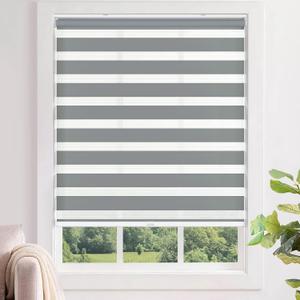 LazBlinds No Tools No Drill Cordless Zebra Blinds 29x48, Grey | Dual Layer Light Control for Day and Night, Light Filtering Privacy Roller Blinds and Shades for Home