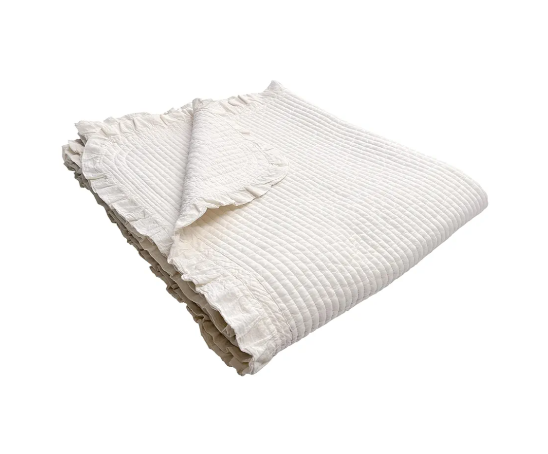 100% Cotton Frilled Bed Coverlet, Blanket – Full/Double Size Bed 79 x91” - Pigment Washed Soft & Breathable Quilted Blankets for Bed and Couch – Lightweight Bed Coverlet for All Seasons (Ivory)