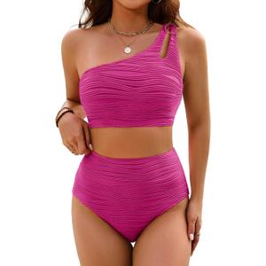 Women's High Waisted Bikini Sets One Shoulder Tummy Control Swimsuits 2 Piece Textured Bathing Suits (Pink, XL)